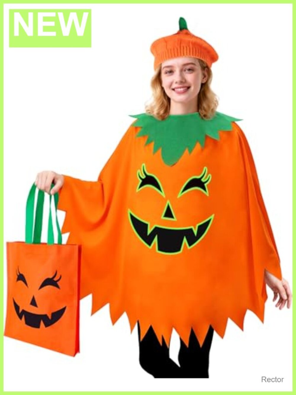 Womens Halloween Pumpkin Poncho Costume Glow in the Dark 3 Piece Set